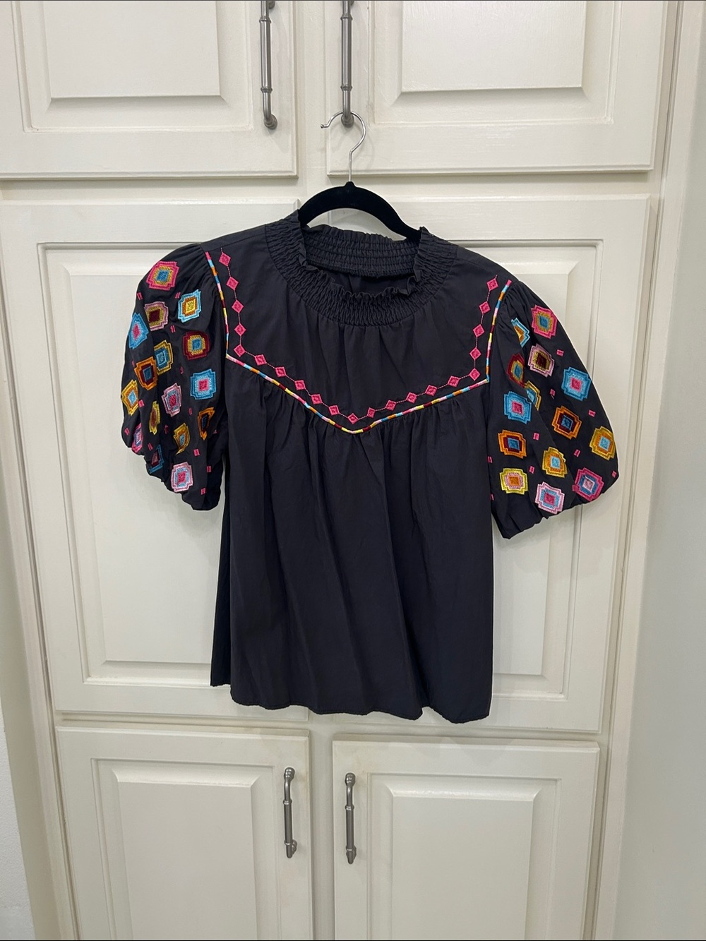 Black Embroidered Puff-Sleeve Blouse with Multicolor Accents